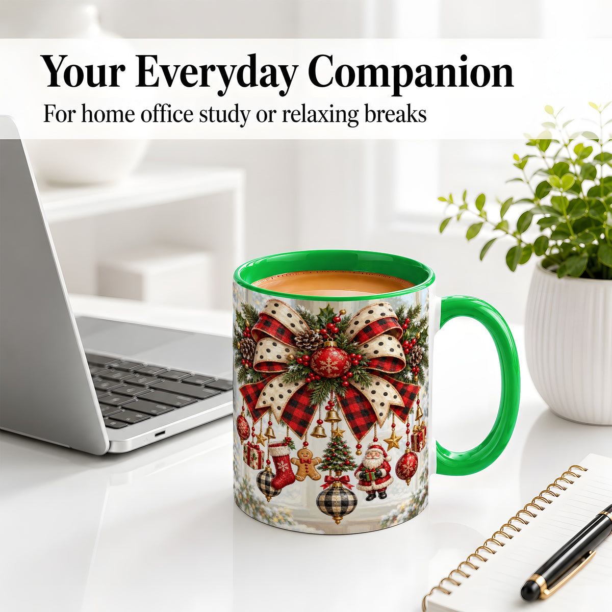 #pl[11oz|Green] Plaid Christmas Bow Accent Mug, Ceramic Cup with Ornaments