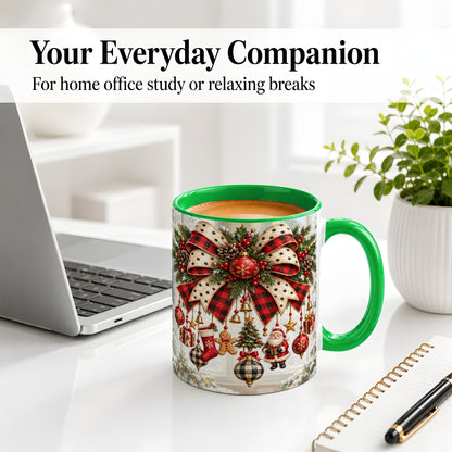 #pl[11oz|Green] Plaid Christmas Bow Accent Mug, Ceramic Cup with Ornaments