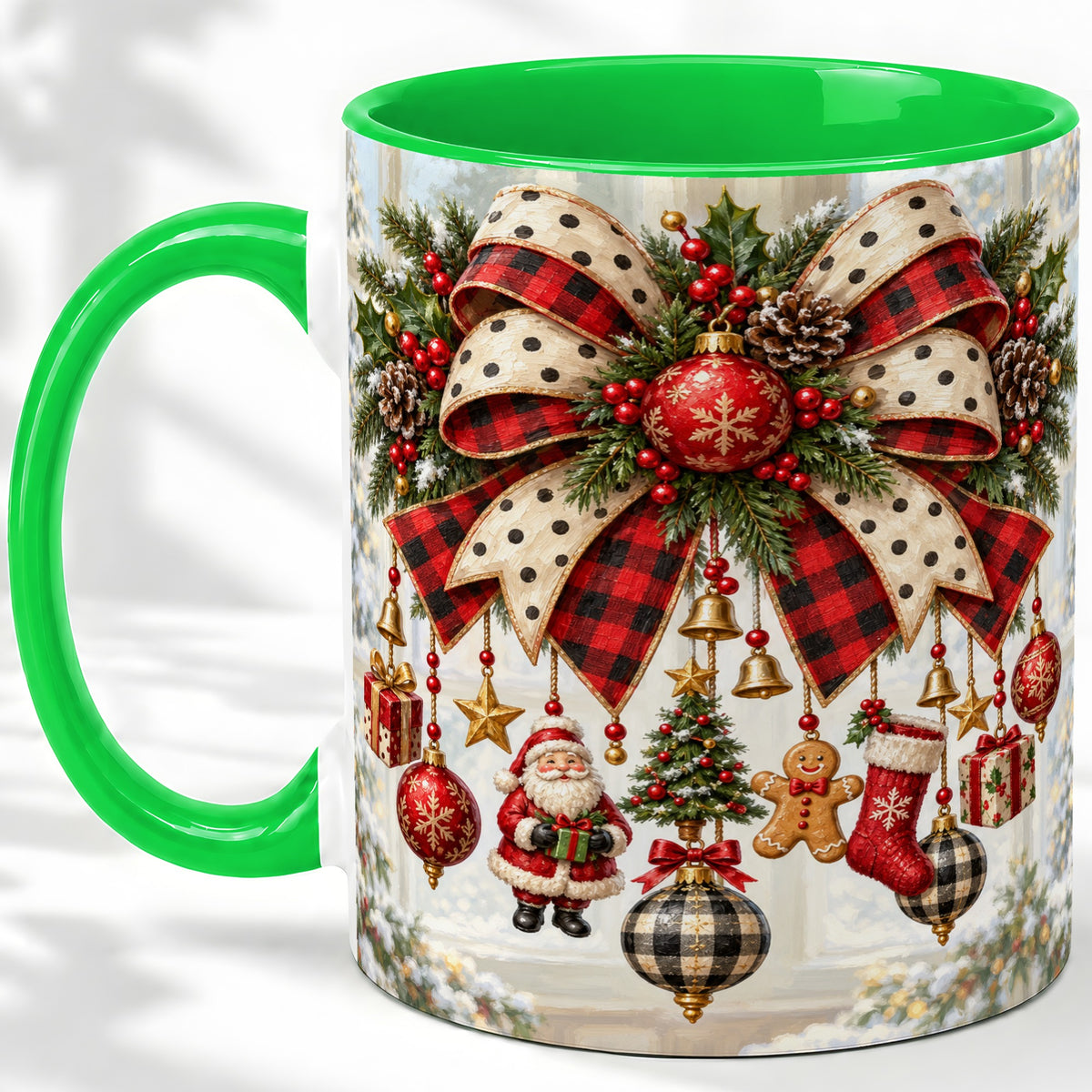 #pl[11oz|Green] Plaid Christmas Bow Accent Mug, Ceramic Cup with Ornaments