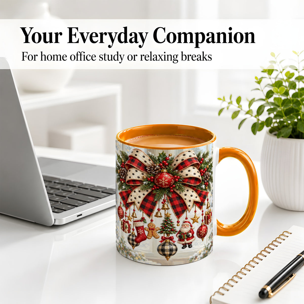 #pl[11oz|Orange] Plaid Christmas Bow Accent Mug, Ceramic Cup with Ornaments