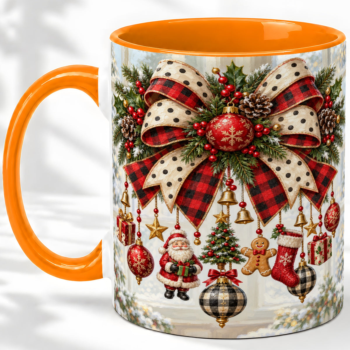 #pl[11oz|Orange] Plaid Christmas Bow Accent Mug, Ceramic Cup with Ornaments