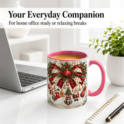 #pl[11oz|Pink] Plaid Christmas Bow Accent Mug, Ceramic Cup with Ornaments