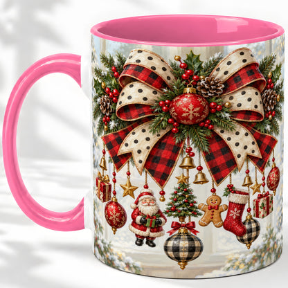 #pl[11oz|Pink] Plaid Christmas Bow Accent Mug, Ceramic Cup with Ornaments
