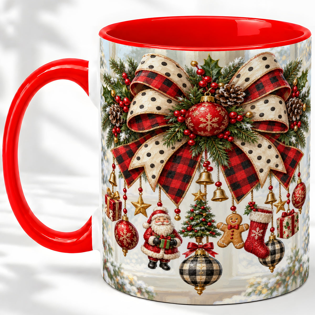 Plaid Christmas Bow Accent Mug, Ceramic Cup with Ornaments