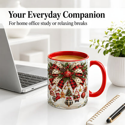#pl[11oz|Red] Plaid Christmas Bow Accent Mug, Ceramic Cup with Ornaments