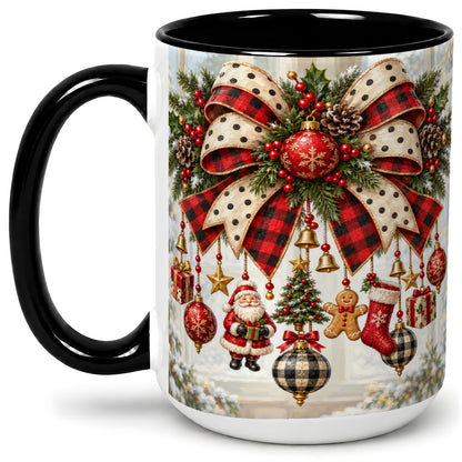 #pl[15oz|Black] Plaid Christmas Bow Accent Mug, Ceramic Cup with Ornaments