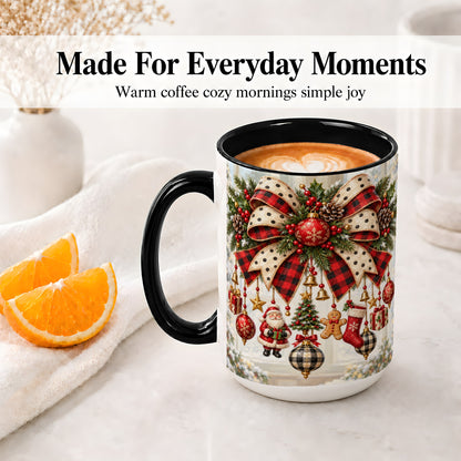 #pl[15oz|Black] Plaid Christmas Bow Accent Mug, Ceramic Cup with Ornaments