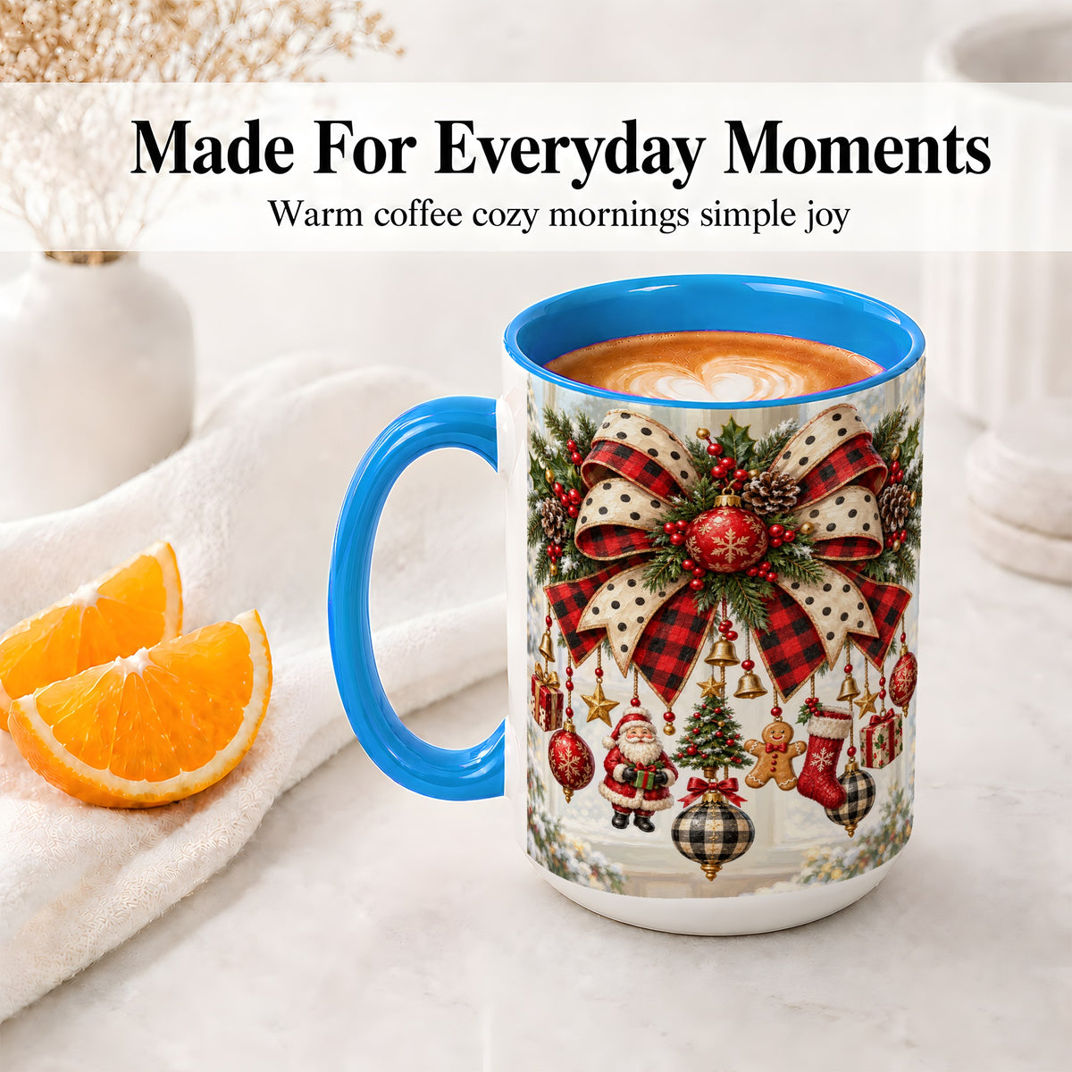 #pl[15oz|Blue] Plaid Christmas Bow Accent Mug, Ceramic Cup with Ornaments
