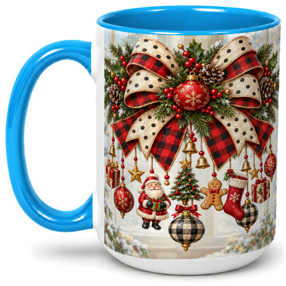 #pl[15oz|Blue] Plaid Christmas Bow Accent Mug, Ceramic Cup with Ornaments