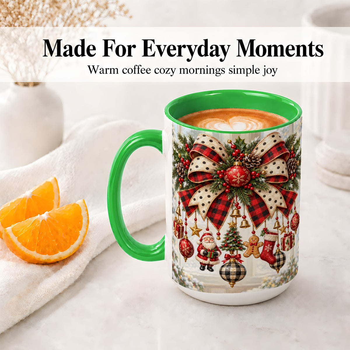 #pl[15oz|Green] Plaid Christmas Bow Accent Mug, Ceramic Cup with Ornaments