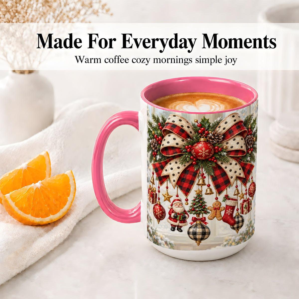 #pl[15oz|Pink] Plaid Christmas Bow Accent Mug, Ceramic Cup with Ornaments