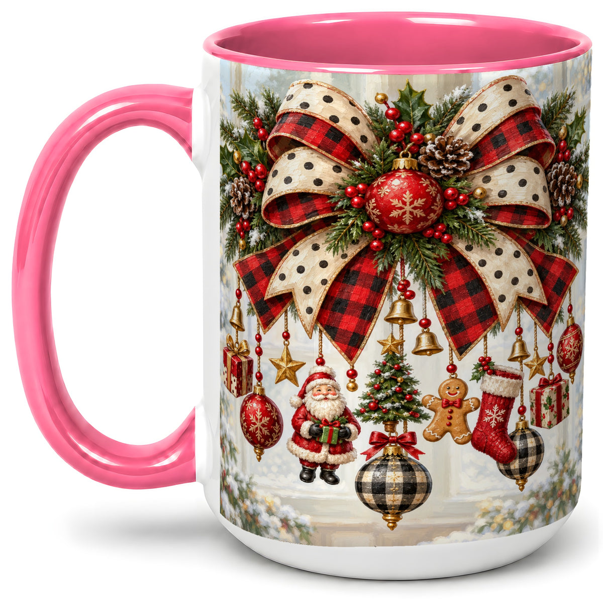#pl[15oz|Pink] Plaid Christmas Bow Accent Mug, Ceramic Cup with Ornaments