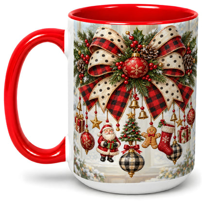 #pl[15oz|Red] Plaid Christmas Bow Accent Mug, Ceramic Cup with Ornaments