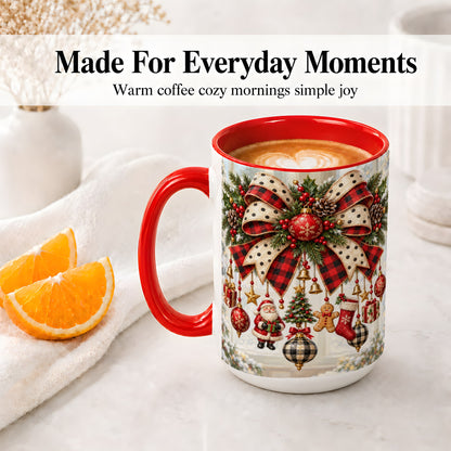#pl[15oz|Red] Plaid Christmas Bow Accent Mug, Ceramic Cup with Ornaments
