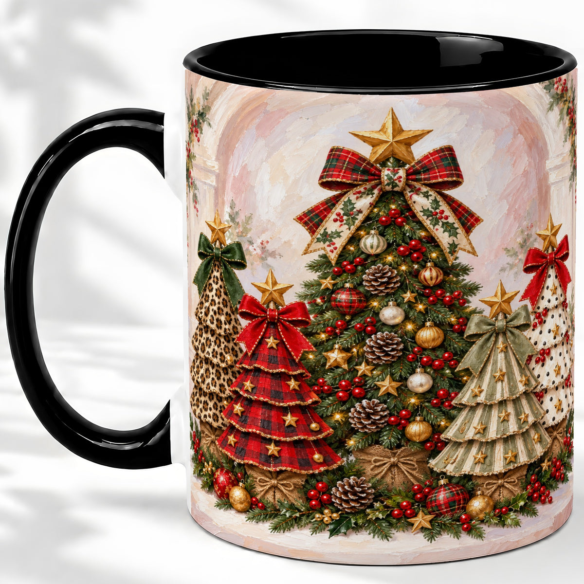 #pl[11oz|Black] Patterned Christmas Trees Accent Mug, Ceramic Cup with Bows