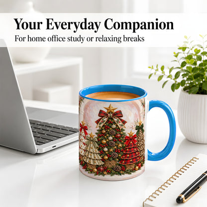 #pl[11oz|Blue] Patterned Christmas Trees Accent Mug, Ceramic Cup with Bows