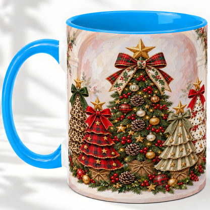 #pl[11oz|Blue] Patterned Christmas Trees Accent Mug, Ceramic Cup with Bows