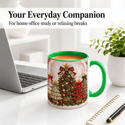 #pl[11oz|Green] Patterned Christmas Trees Accent Mug, Ceramic Cup with Bows
