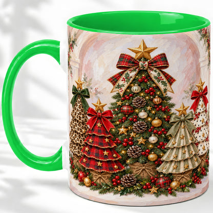 #pl[11oz|Green] Patterned Christmas Trees Accent Mug, Ceramic Cup with Bows