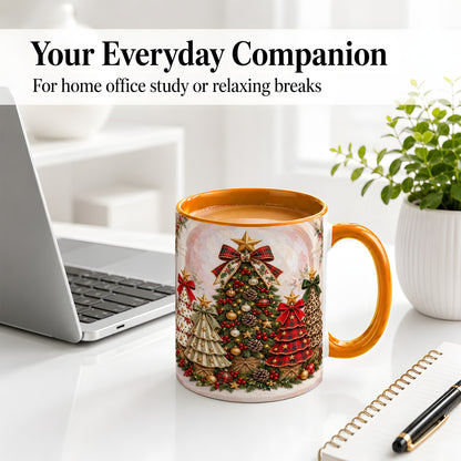 #pl[11oz|Orange] Patterned Christmas Trees Accent Mug, Ceramic Cup with Bows