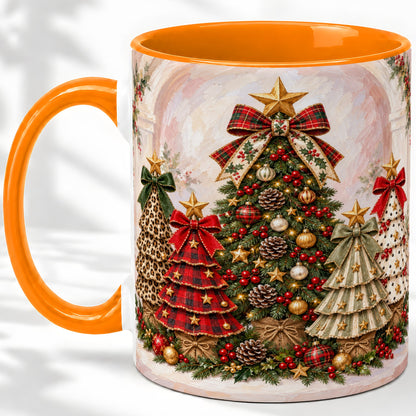 #pl[11oz|Orange] Patterned Christmas Trees Accent Mug, Ceramic Cup with Bows