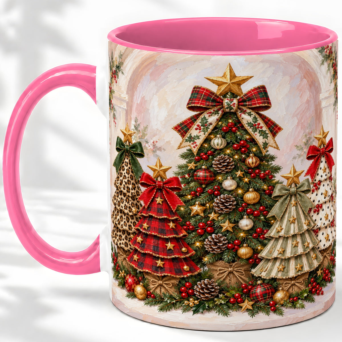 #pl[11oz|Pink] Patterned Christmas Trees Accent Mug, Ceramic Cup with Bows