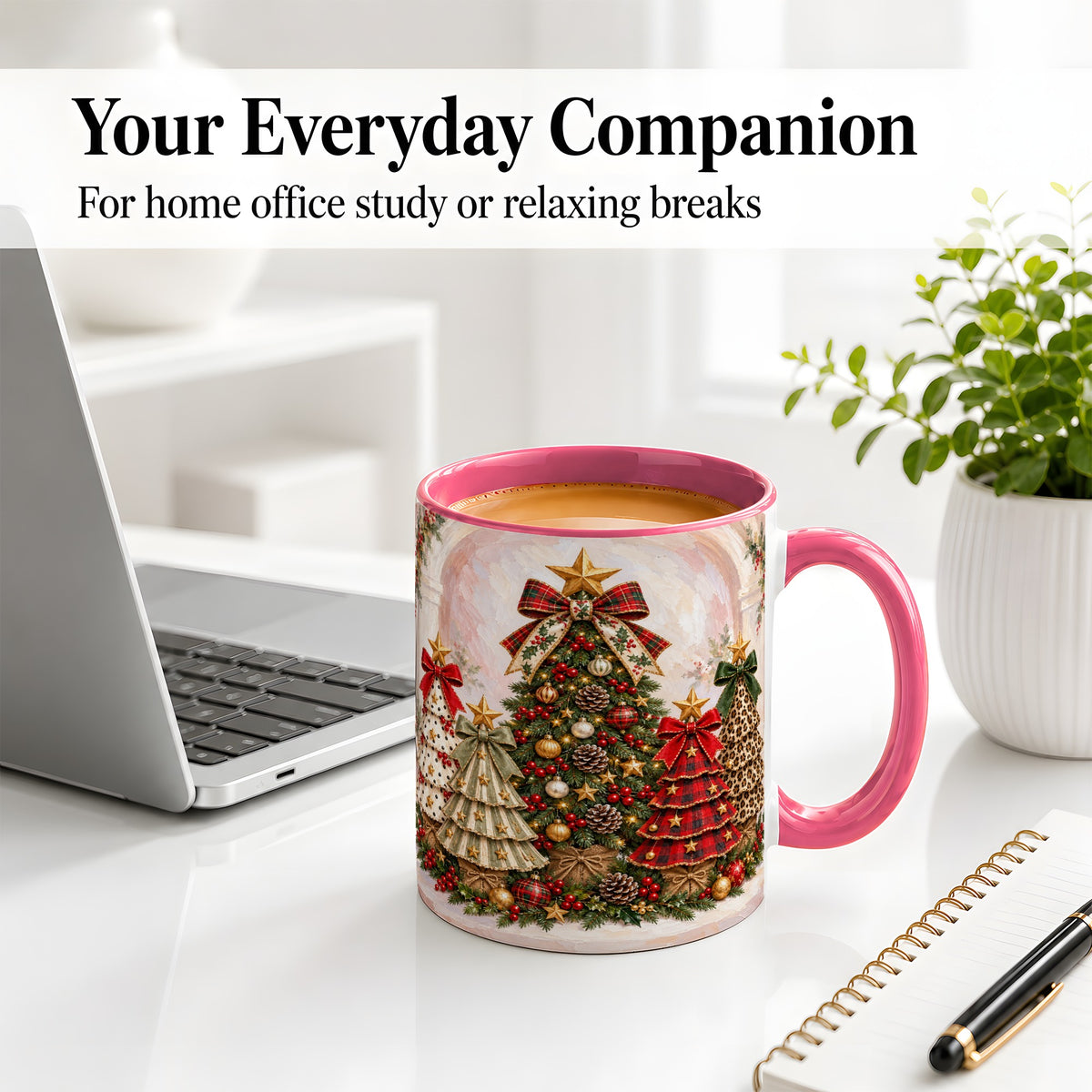 #pl[11oz|Pink] Patterned Christmas Trees Accent Mug, Ceramic Cup with Bows