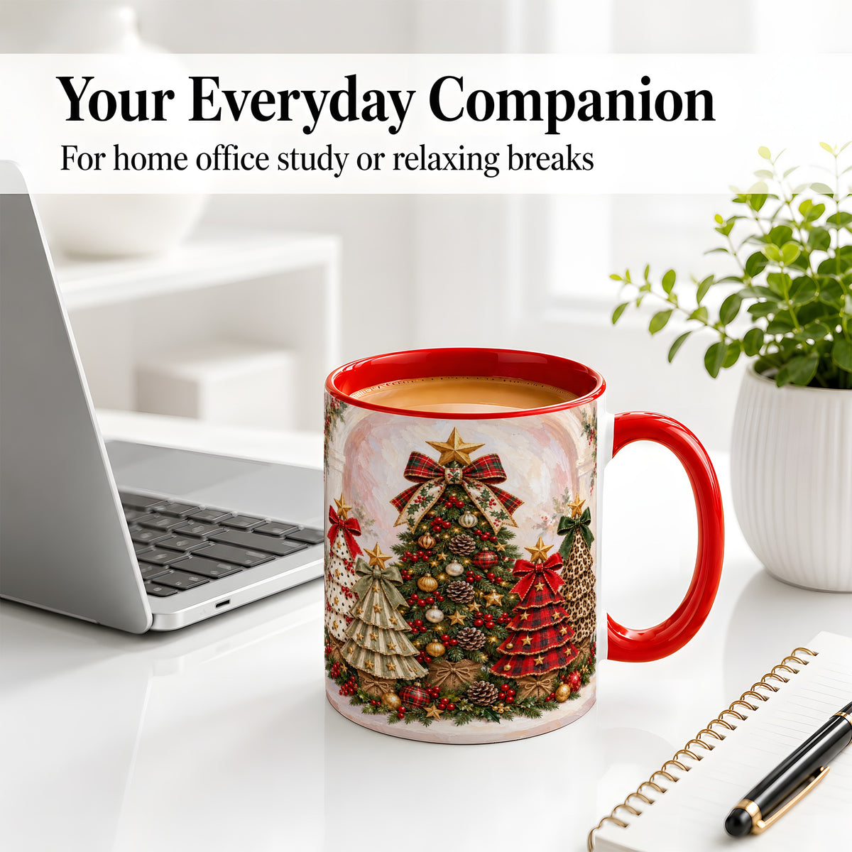 #pl[11oz|Red] Patterned Christmas Trees Accent Mug, Ceramic Cup with Bows