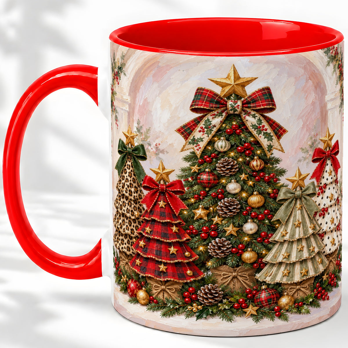 Patterned Christmas Trees Accent Mug, Ceramic Cup with Bows