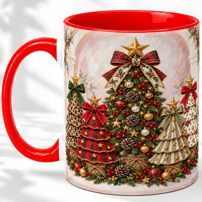 Patterned Christmas Trees Accent Mug, Ceramic Cup with Bows