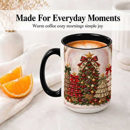 #pl[15oz|Black] Patterned Christmas Trees Accent Mug, Ceramic Cup with Bows