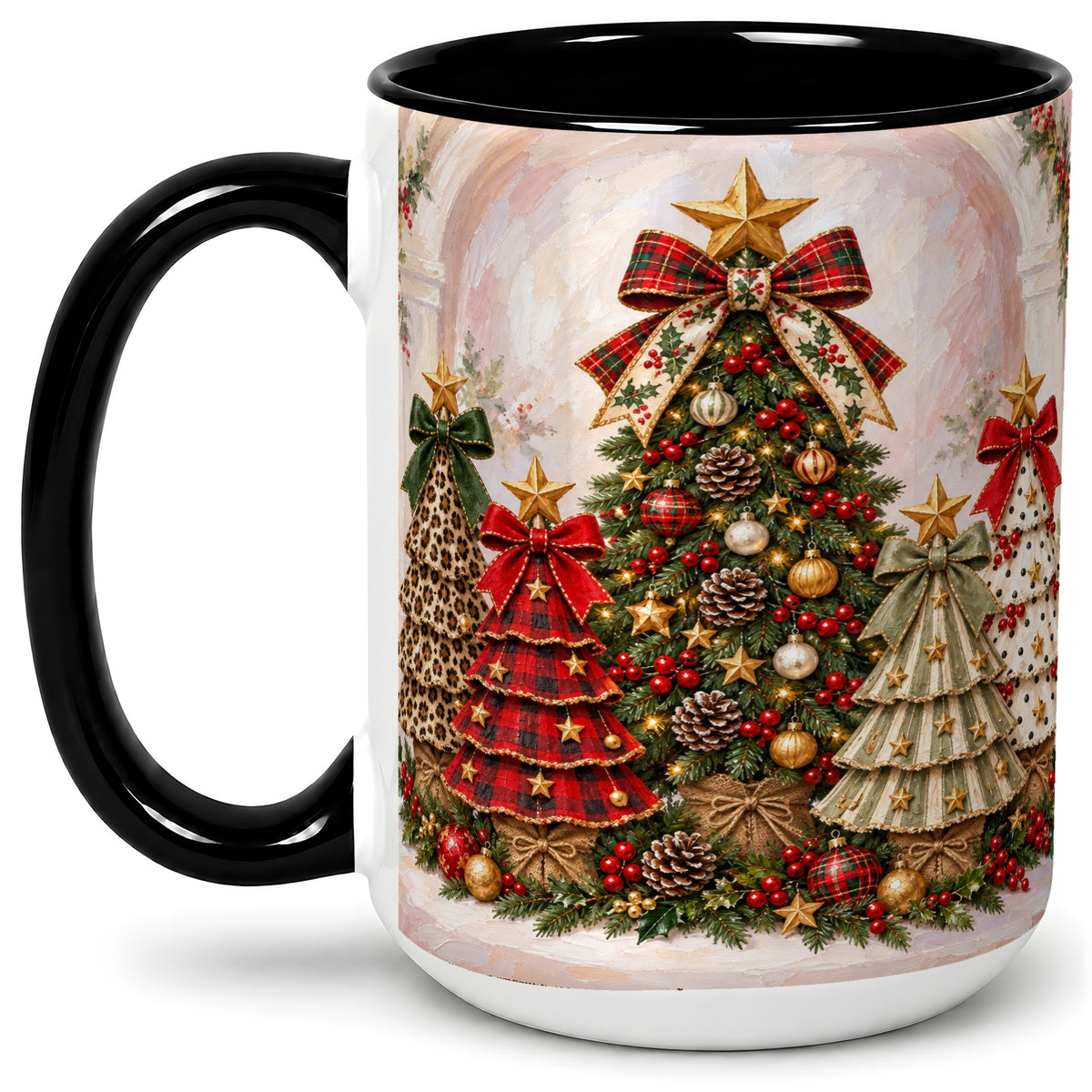 #pl[15oz|Black] Patterned Christmas Trees Accent Mug, Ceramic Cup with Bows