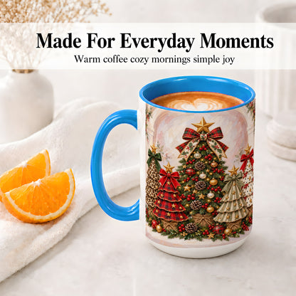 #pl[15oz|Blue] Patterned Christmas Trees Accent Mug, Ceramic Cup with Bows