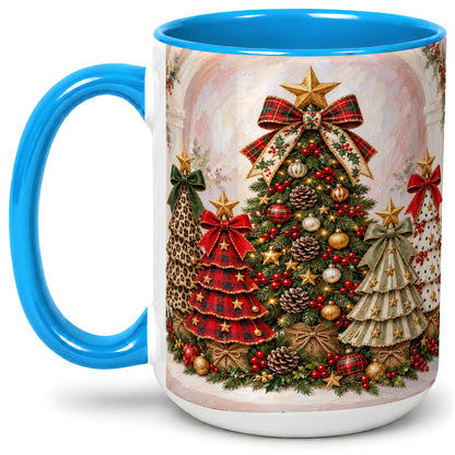 #pl[15oz|Blue] Patterned Christmas Trees Accent Mug, Ceramic Cup with Bows