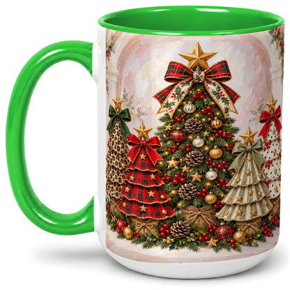 #pl[15oz|Green] Patterned Christmas Trees Accent Mug, Ceramic Cup with Bows