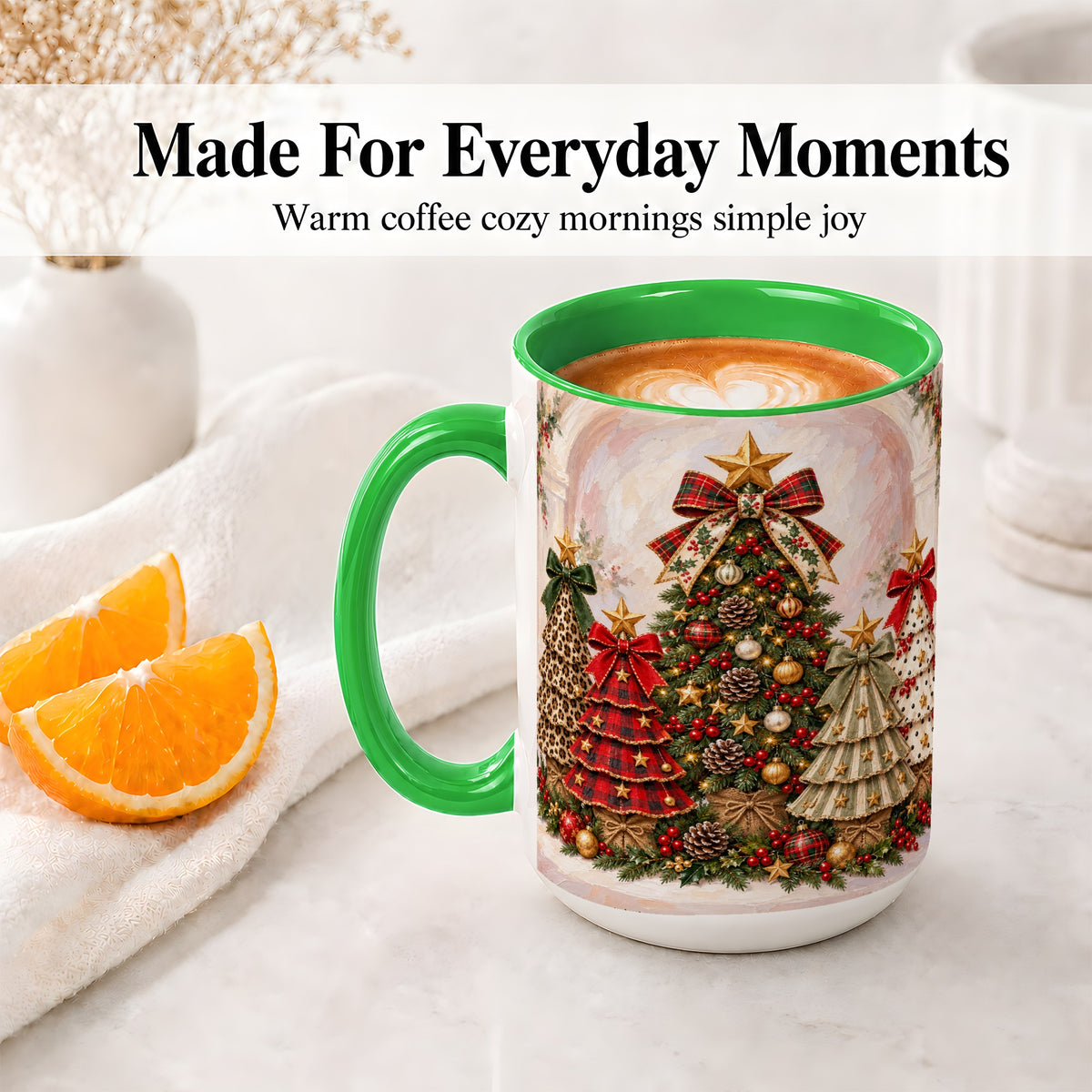 #pl[15oz|Green] Patterned Christmas Trees Accent Mug, Ceramic Cup with Bows