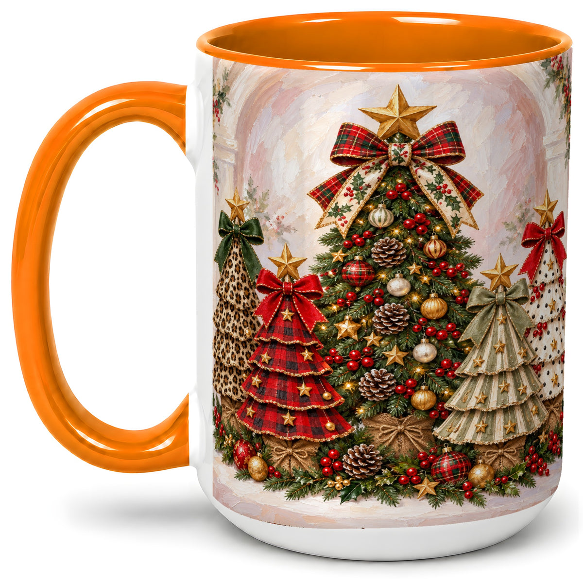 #pl[15oz|Orange] Patterned Christmas Trees Accent Mug, Ceramic Cup with Bows