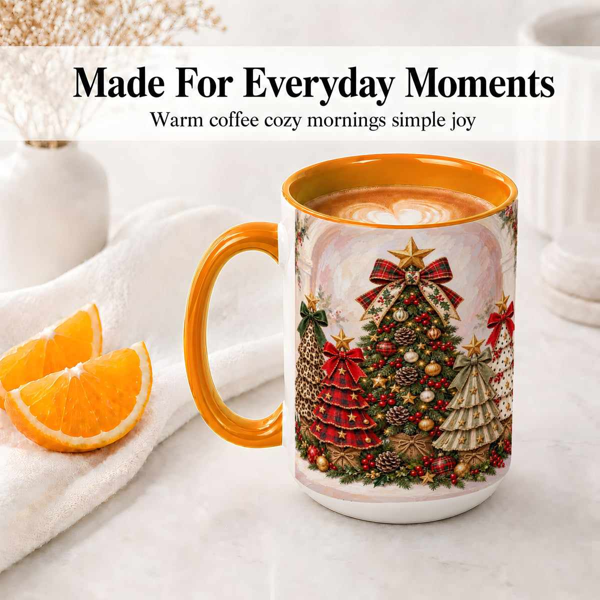 #pl[15oz|Orange] Patterned Christmas Trees Accent Mug, Ceramic Cup with Bows