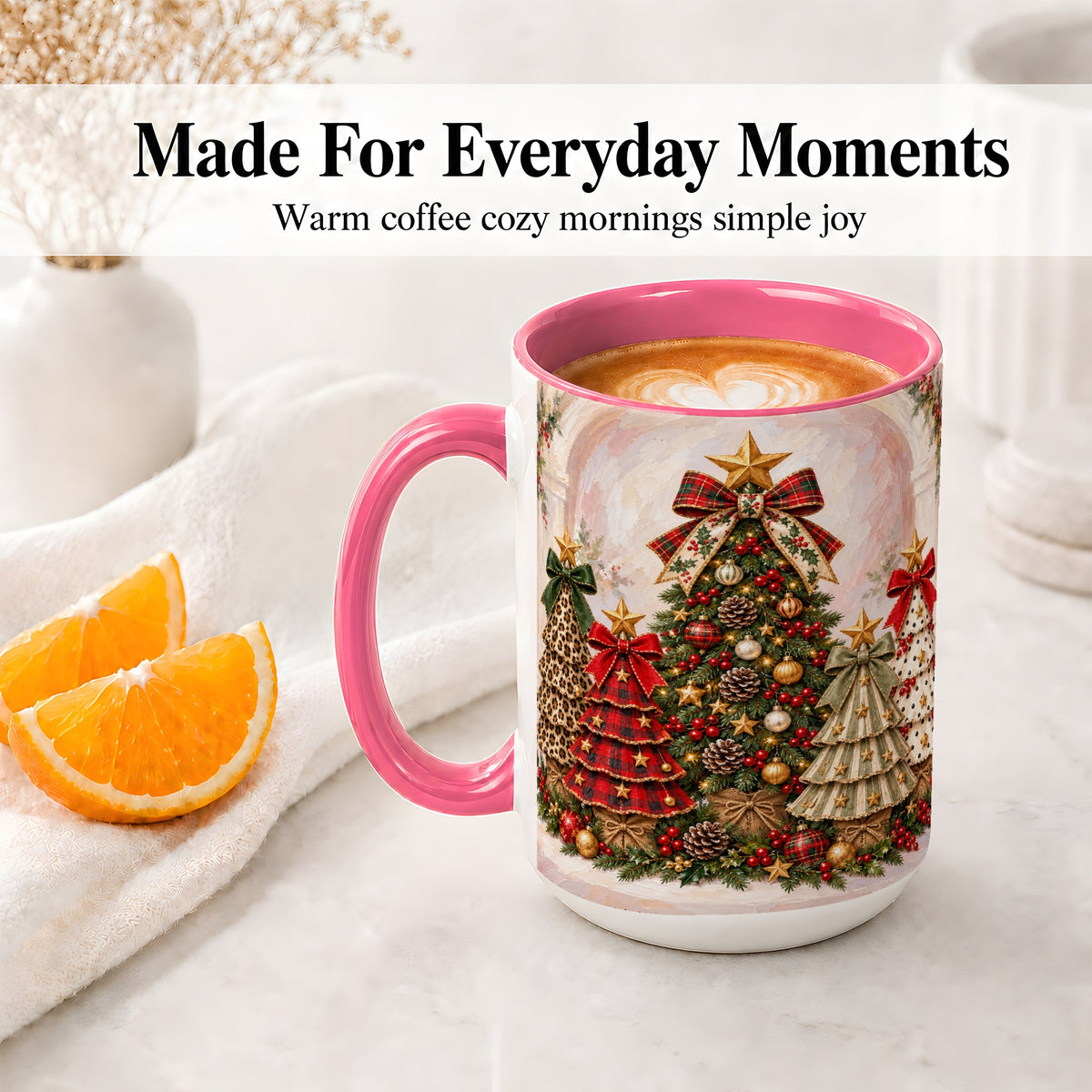 #pl[15oz|Pink] Patterned Christmas Trees Accent Mug, Ceramic Cup with Bows