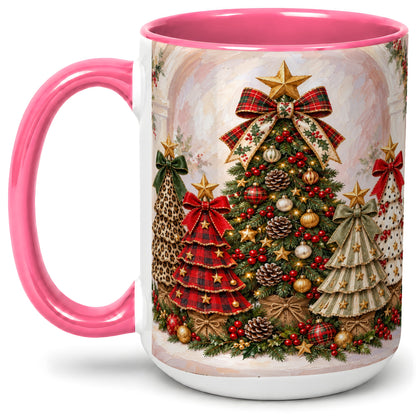 #pl[15oz|Pink] Patterned Christmas Trees Accent Mug, Ceramic Cup with Bows