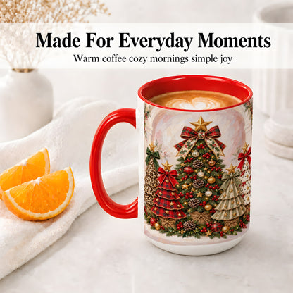 #pl[15oz|Red] Patterned Christmas Trees Accent Mug, Ceramic Cup with Bows
