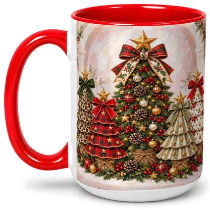 #pl[15oz|Red] Patterned Christmas Trees Accent Mug, Ceramic Cup with Bows