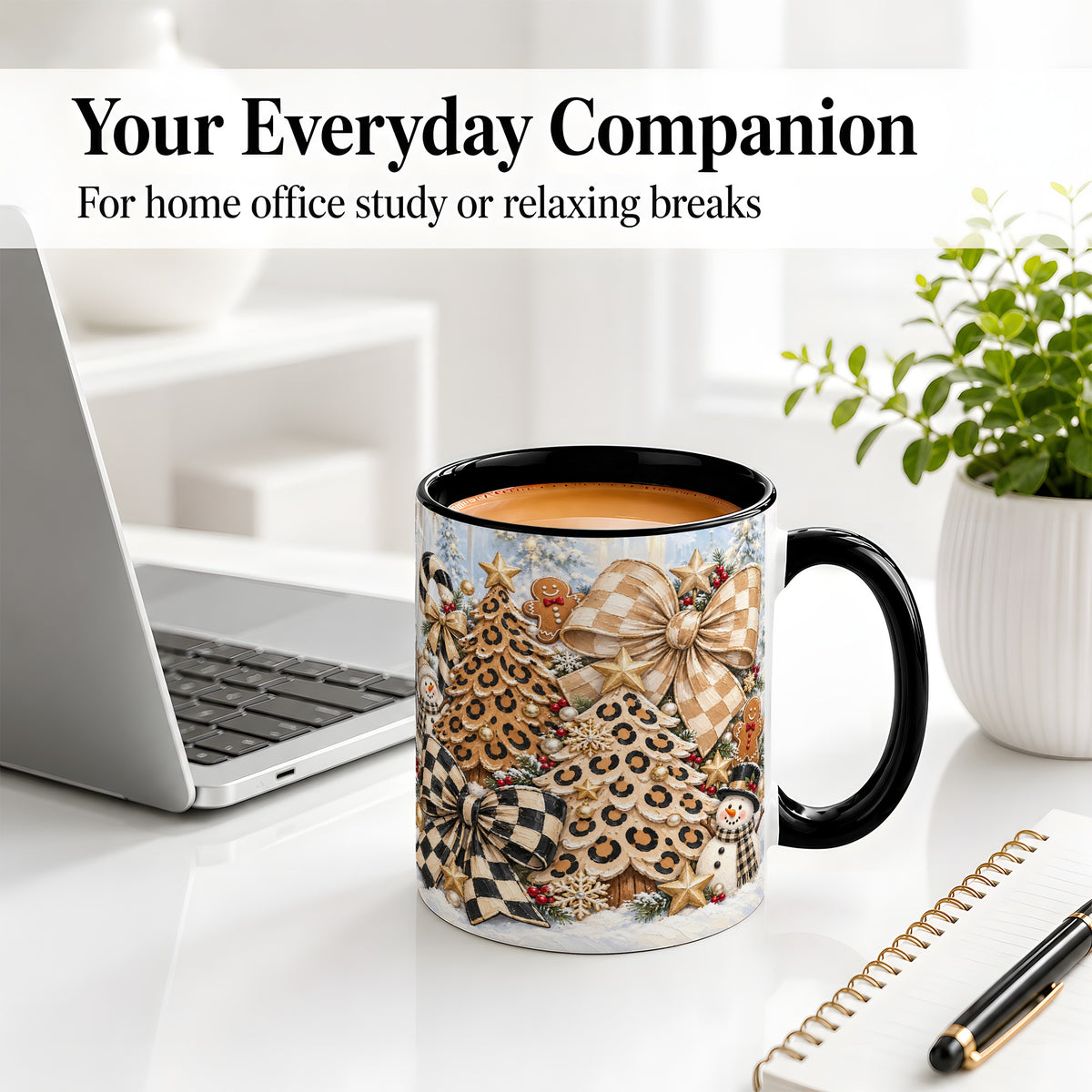 #pl[11oz|Black] Leopard Christmas Trees Accent Mug, Ceramic Cup with Snowmen