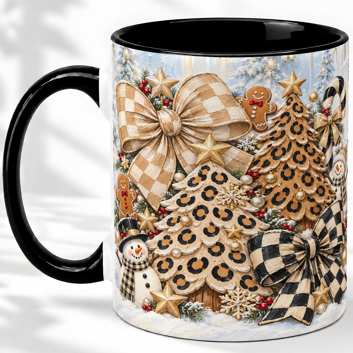 #pl[11oz|Black] Leopard Christmas Trees Accent Mug, Ceramic Cup with Snowmen
