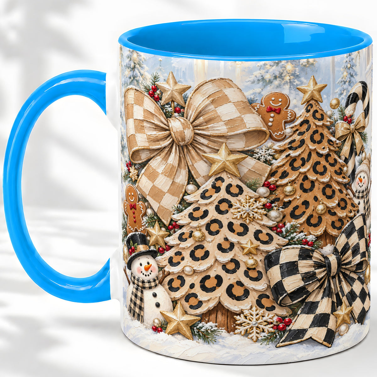 #pl[11oz|Blue] Leopard Christmas Trees Accent Mug, Ceramic Cup with Snowmen