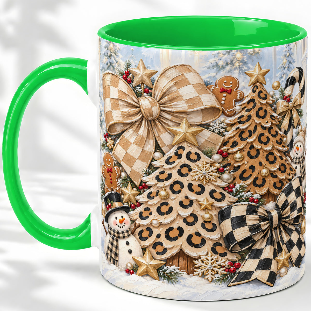 #pl[11oz|Green] Leopard Christmas Trees Accent Mug, Ceramic Cup with Snowmen