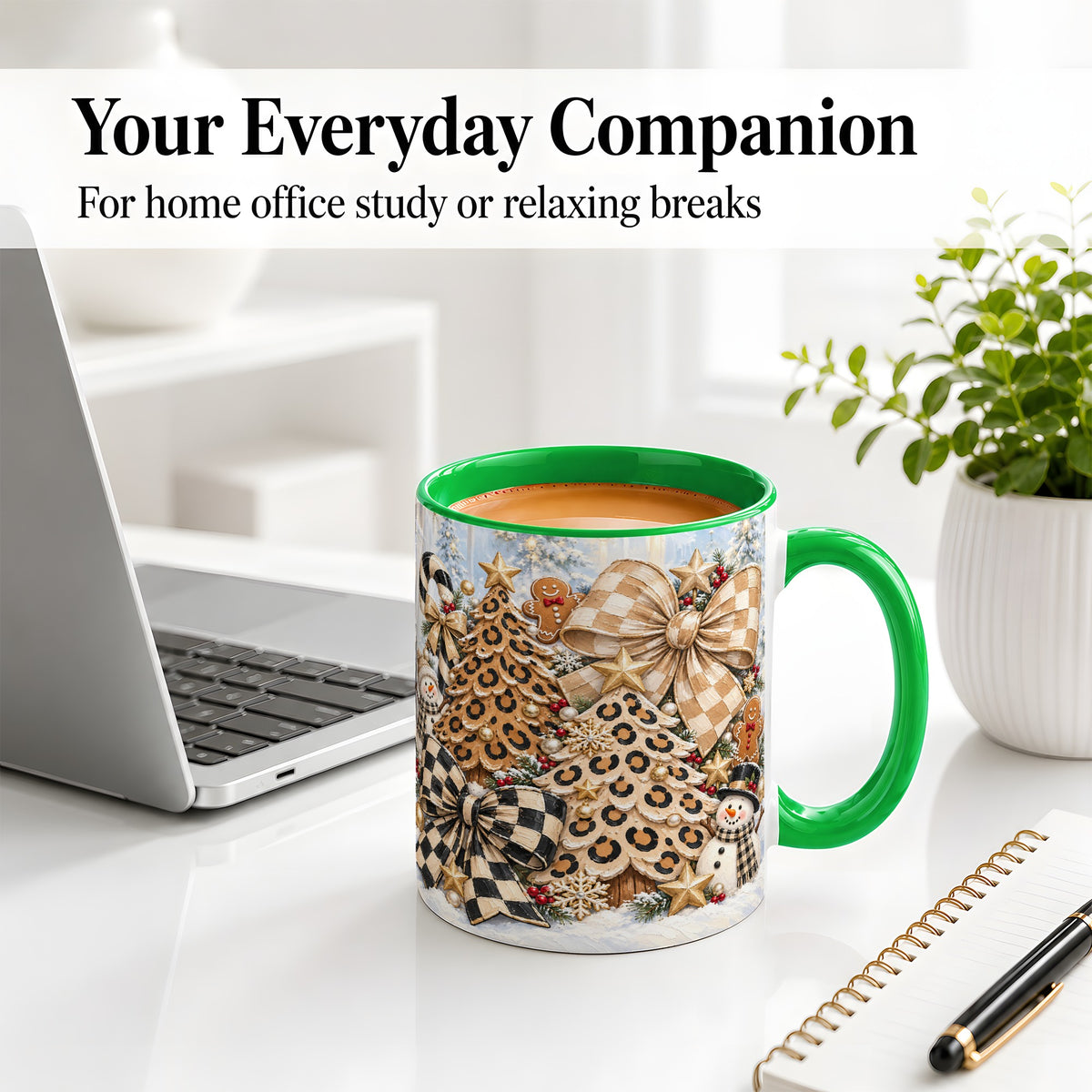 #pl[11oz|Green] Leopard Christmas Trees Accent Mug, Ceramic Cup with Snowmen