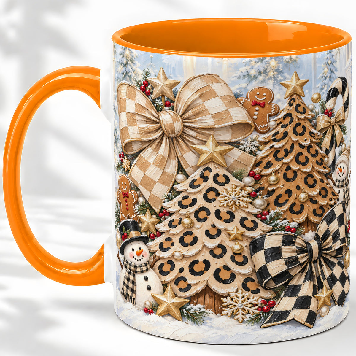 #pl[11oz|Orange] Leopard Christmas Trees Accent Mug, Ceramic Cup with Snowmen