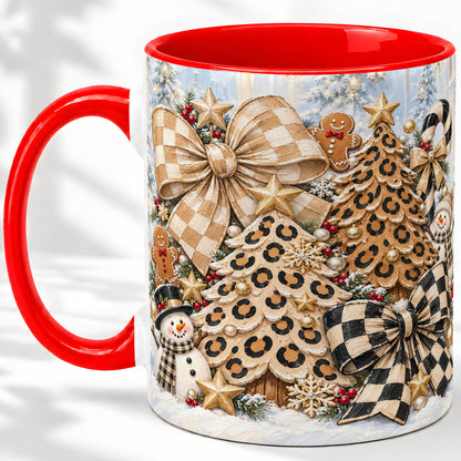 Leopard Christmas Trees Accent Mug, Ceramic Cup with Snowmen