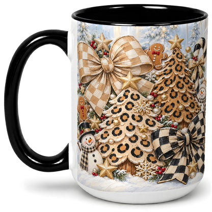 #pl[15oz|Black] Leopard Christmas Trees Accent Mug, Ceramic Cup with Snowmen